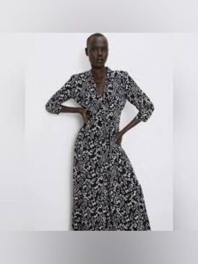 Zara Marilyn button-down maxi dress in a black and white print.